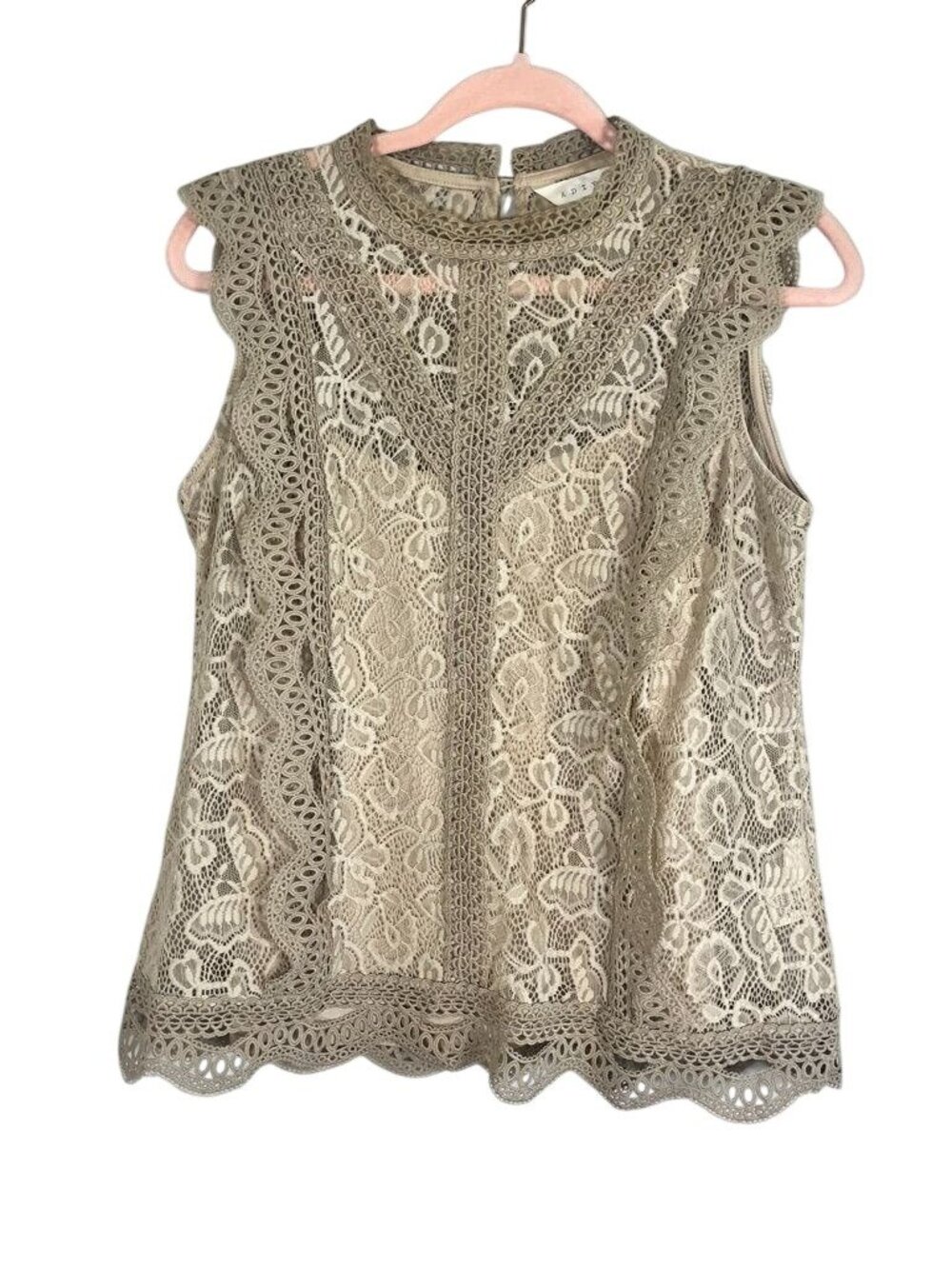 Neutral Floral Lace Sheer Top M Boho Indie Festival Folk Peasant Euro Earthy 80s